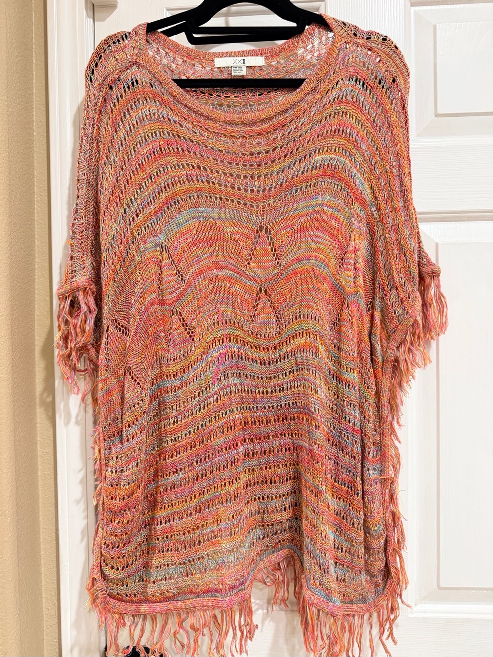 Forever 21 Multicolor Coral Fringe Knit Poncho